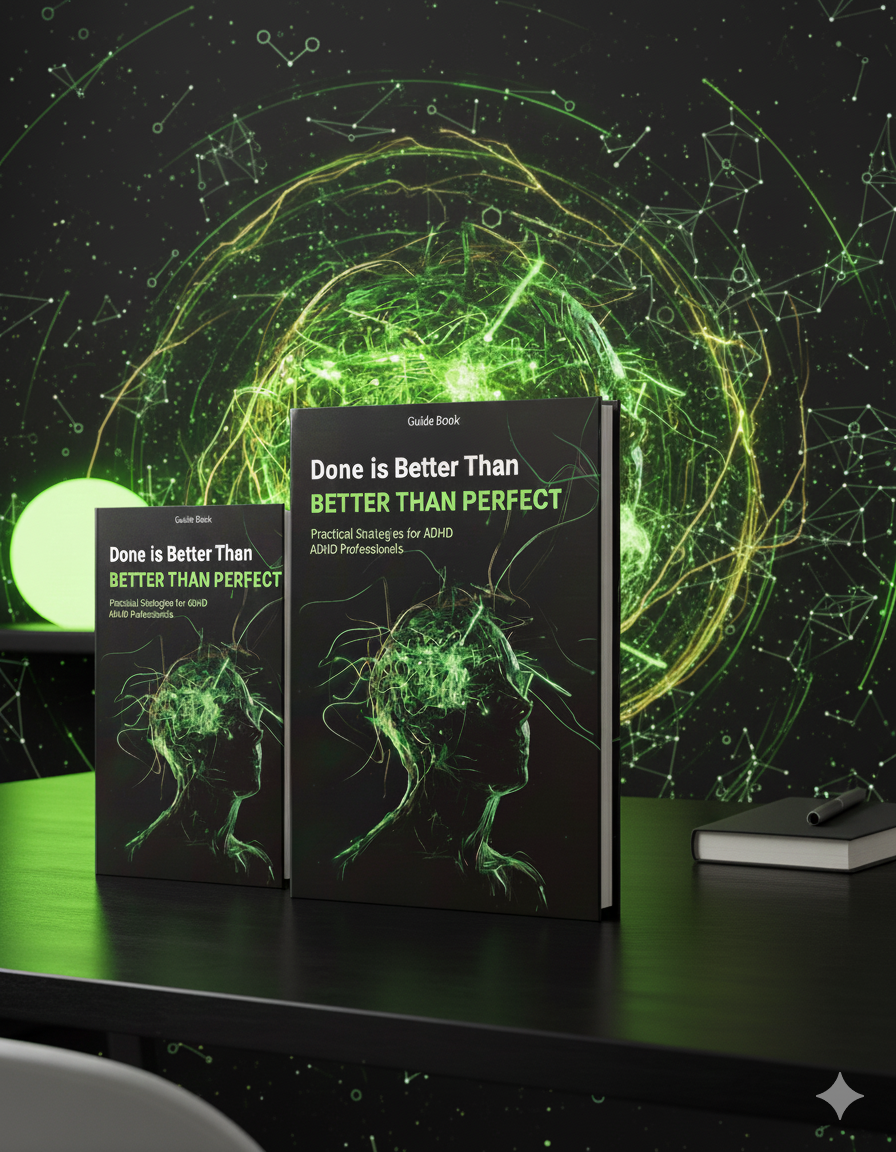 Two books titled 'Done is Better Than Better than Perfect' on a dark surface with a green abstract design in the background.