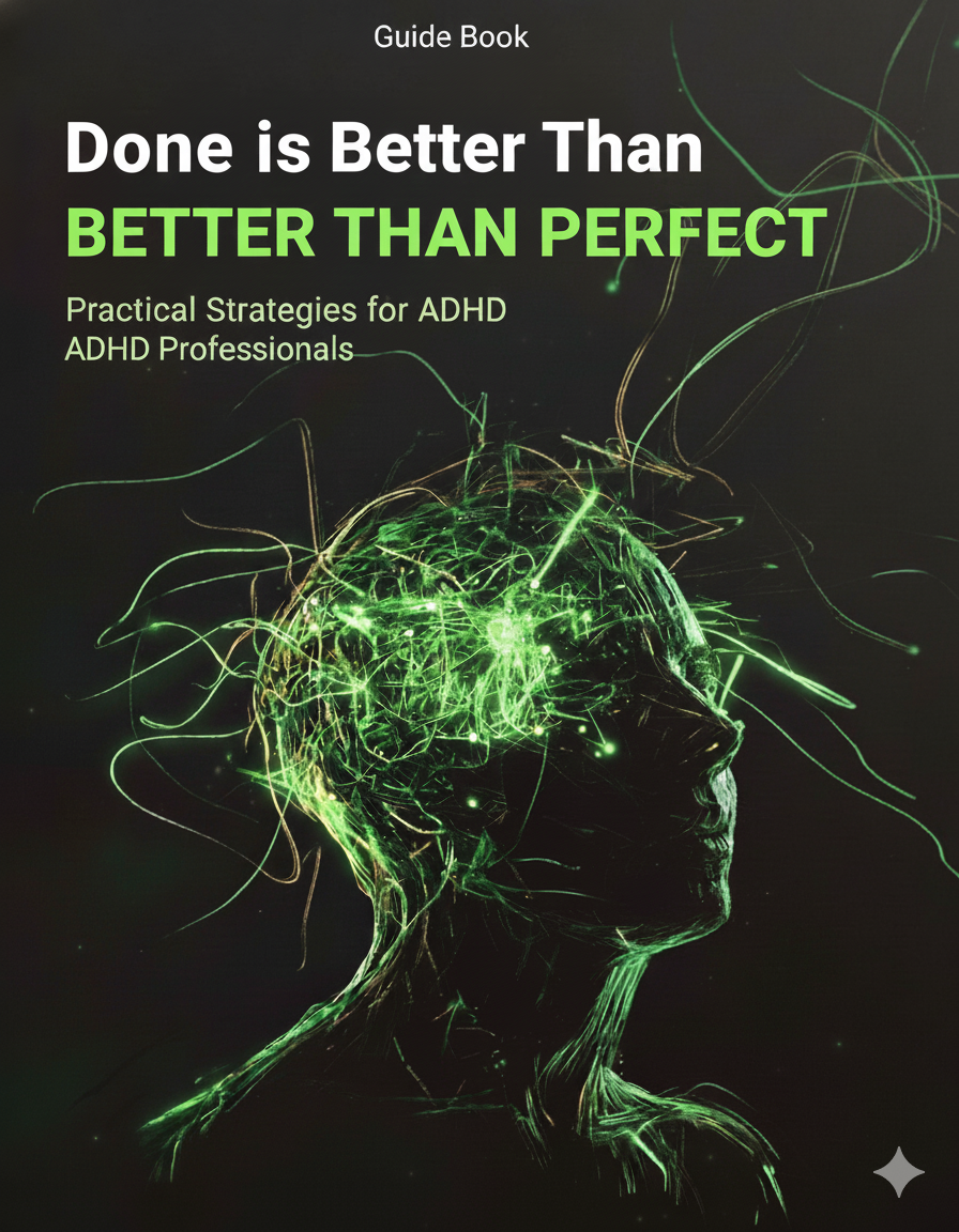 Book cover with text 'Done is Better Than Better Than Perfect' and a silhouette of a person with neural activity depicted.